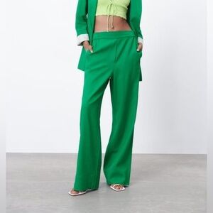 Green Linen Blend Zara Elastic Waist Pants